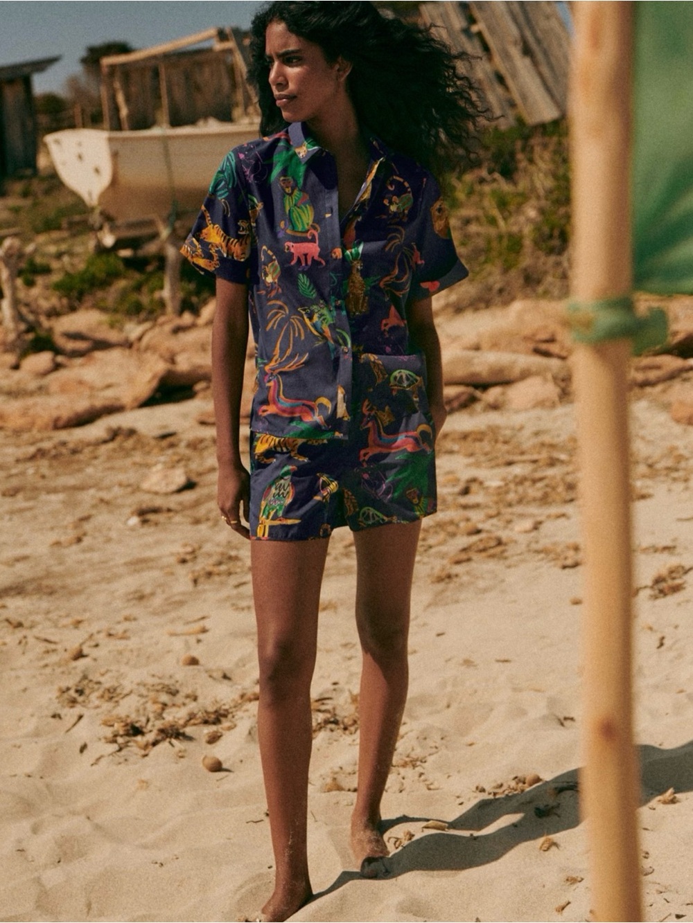Sezane Navy Multicolor Jungle-Print Blouse